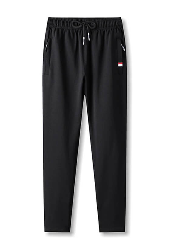 Black cotton elastic waist sweatpants with pockets for men, featuring drawstring closure and mid-waist design, style SF0609.